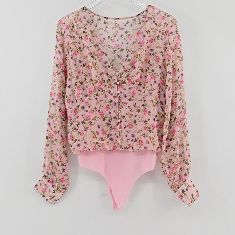 Cami NYC Floral Silk Bodysuit Womens Size XL Pink Long Sleeve V-Neck Chiffon